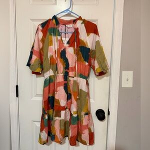 THML Boho Mini Dress Abstract Print Pockets Size M NWT
